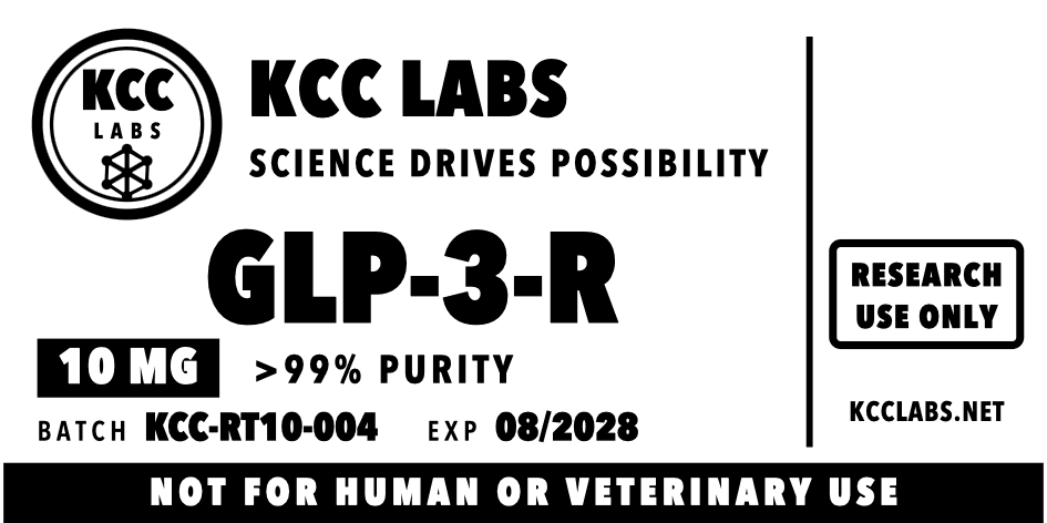 Supplied GLP-3-R label, batch KCC-RT10-004. Check the current COA status.