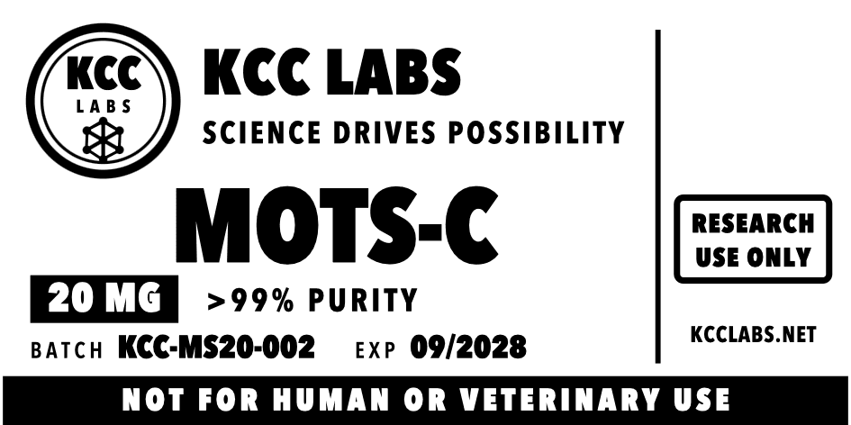 Supplied MOTS-C label, batch KCC-MS20-002. Check the current COA status.