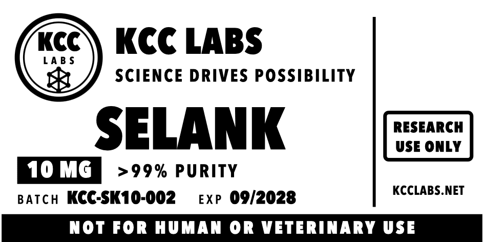 Supplied Selank label, batch KCC-SK10-002. Check the current COA status.