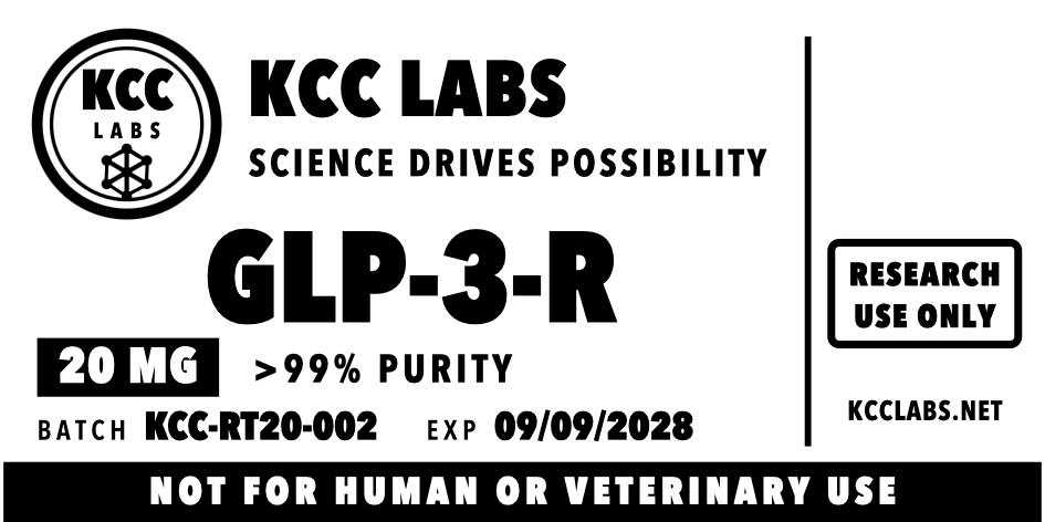 Supplied GLP-3-R label, batch KCC-RT20-002. Check the current COA status.
